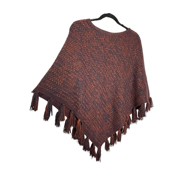 Style & Co Rust /Blue Woven Knit Poncho w/Long Tassel Hem Detail Sz S/M - Picture 3 of 9
